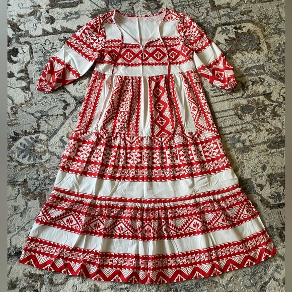 New Boho Ethic Geo Aztec Tribal Pattern Maxi Dress Loose Long Puff Sleeves Vneck - Picture 8 of 16